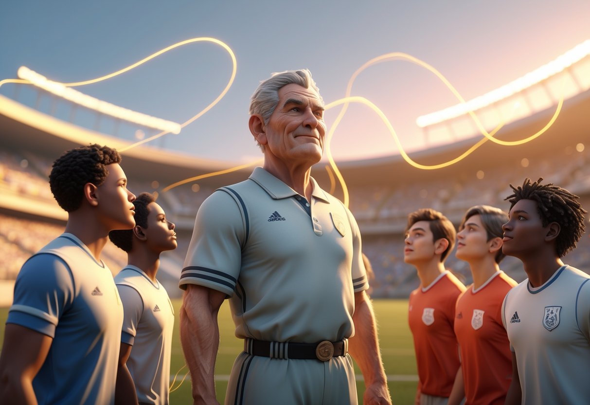 An older athlete stands proudly in a stadium surrounded by younger athletes who look up to them with admiration, symbolising the passing of legacy and inspiration.
