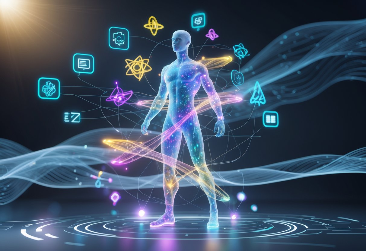 A glowing translucent human figure surrounded by DNA strands and symbols representing intelligence, creativity, and physical abilities.