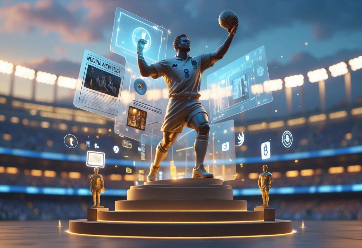 A 3D scene showing a large statue of a sports player surrounded by floating media elements and a glowing stadium crowd, symbolising memory and honouring legends.