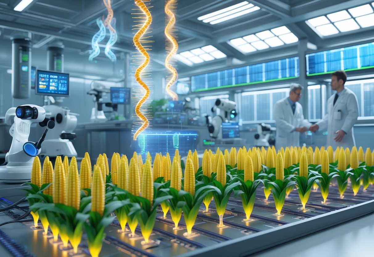 A futuristic laboratory where scientists and robots work with genetically enhanced crops growing under controlled conditions.