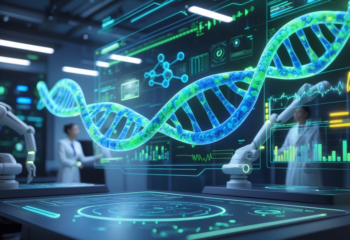 A futuristic laboratory with holographic DNA strands and scientists working with advanced technology and robotic arms.