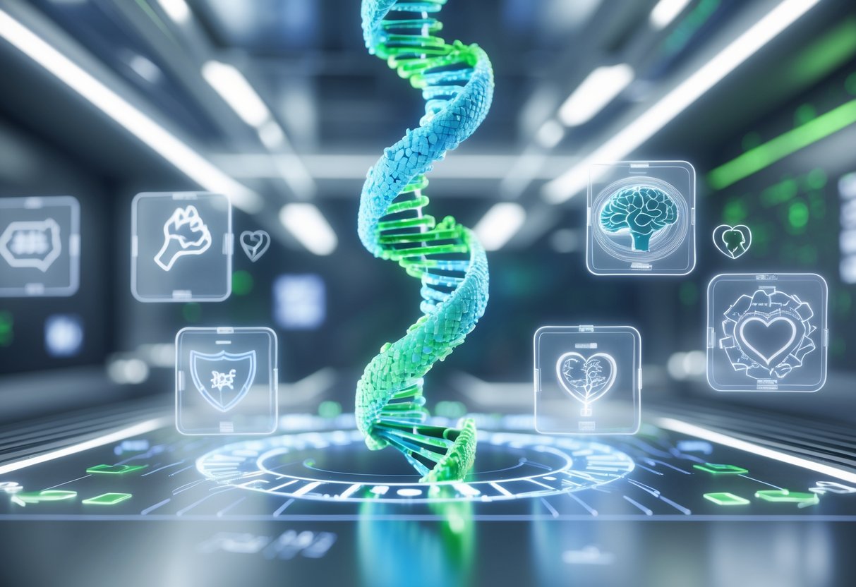 A 3D scene showing a glowing DNA strand surrounded by icons representing genetic traits like strength, healing, intelligence, and disease resistance in a futuristic lab setting.