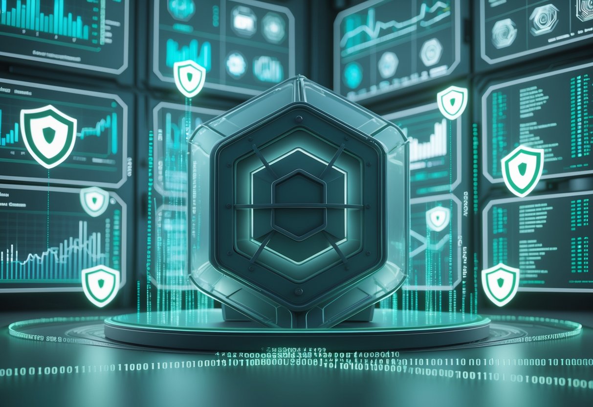 A 3D scene showing a secure data vault surrounded by digital graphs and glowing shield icons representing privacy and data protection.