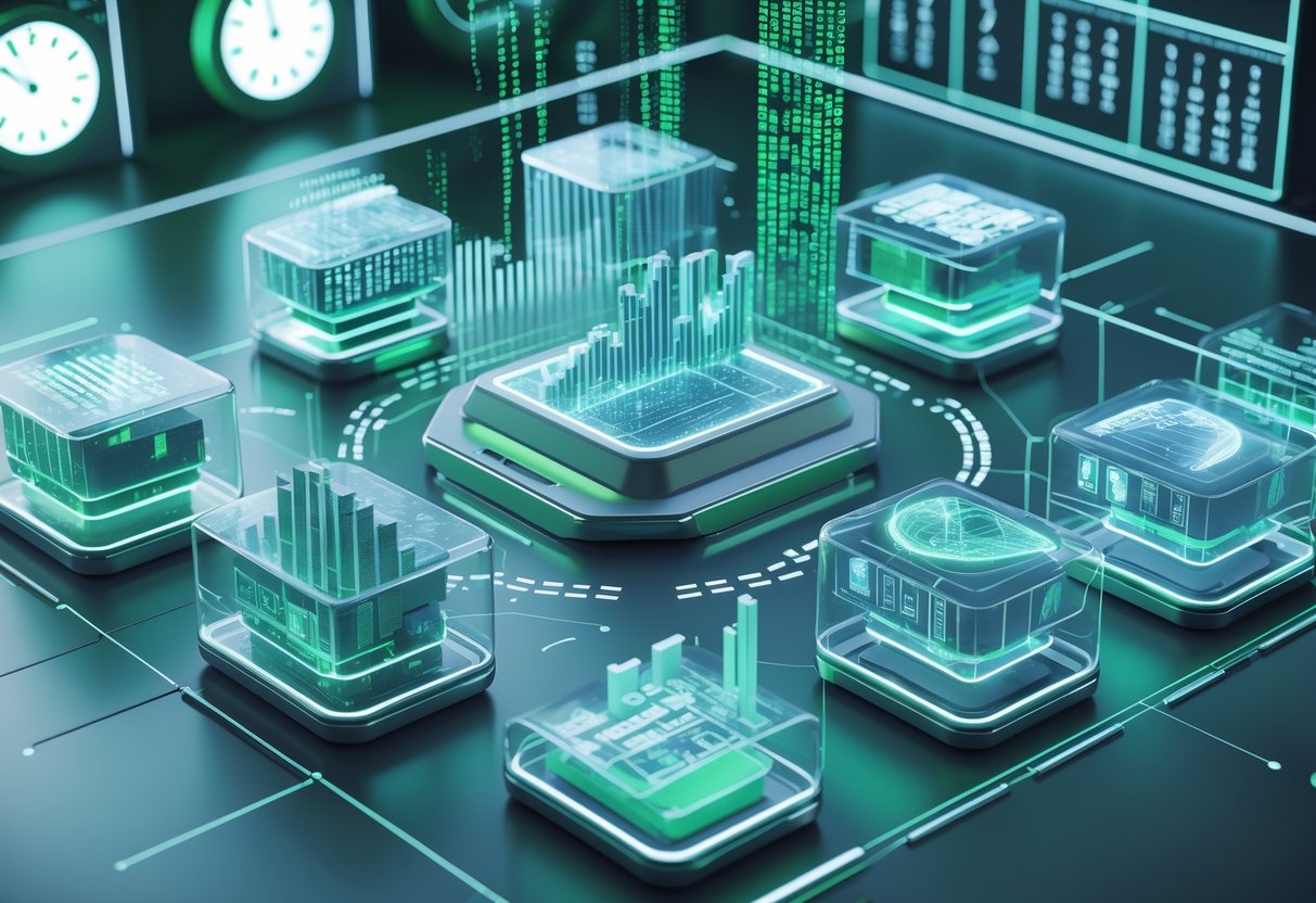 A 3D scene showing a futuristic data archive with glowing storage units and holographic statistical charts, connected by flowing streams of data.