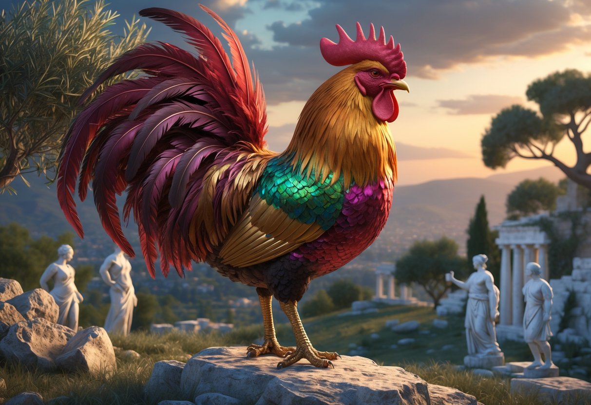 A colourful rooster standing on a rocky hill with ancient Greek ruins and olive trees in the background, surrounded by faint figures of mythological characters.