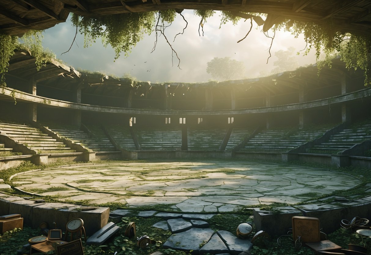 An abandoned sports arena overgrown with plants, empty stands, and old trophies scattered on a cracked playing field with ghostly figures fading in the background.