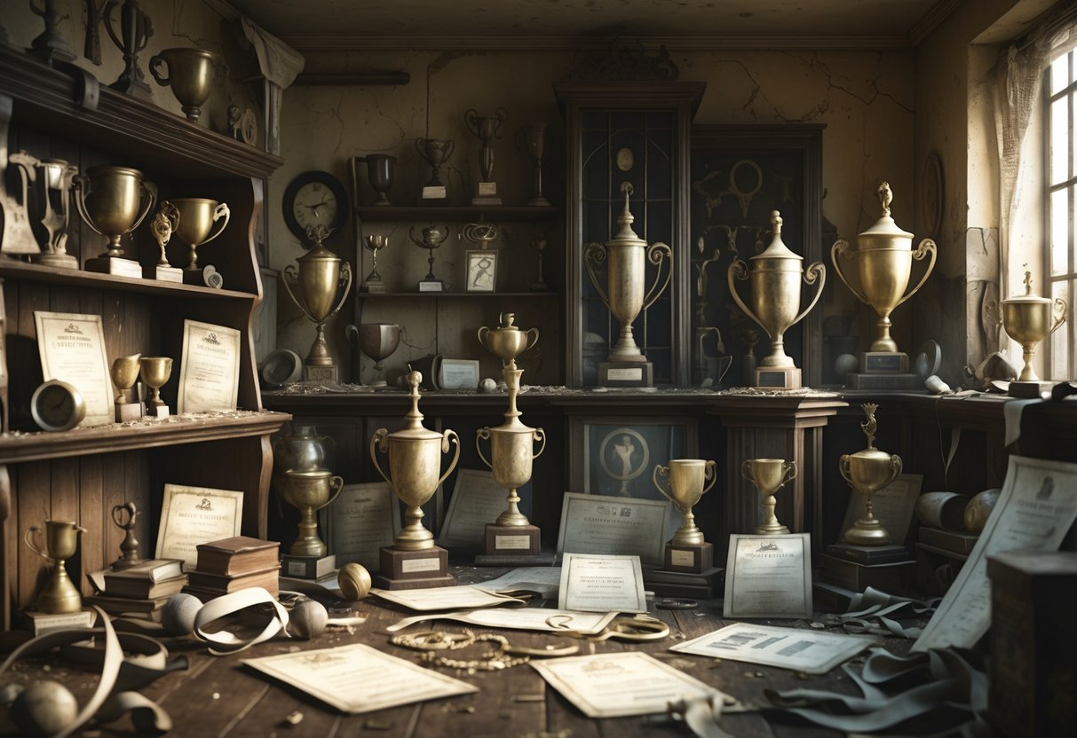 A dimly lit room filled with old, unusual trophies, medals, and vintage sports equipment from forgotten competitions.