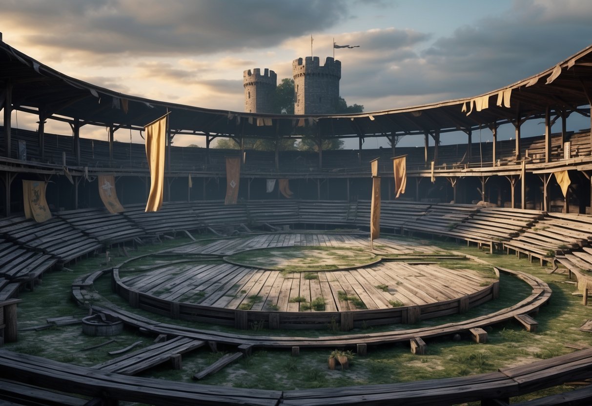 An empty medieval tournament arena with broken banners and scattered armour under a cloudy sky at dusk.