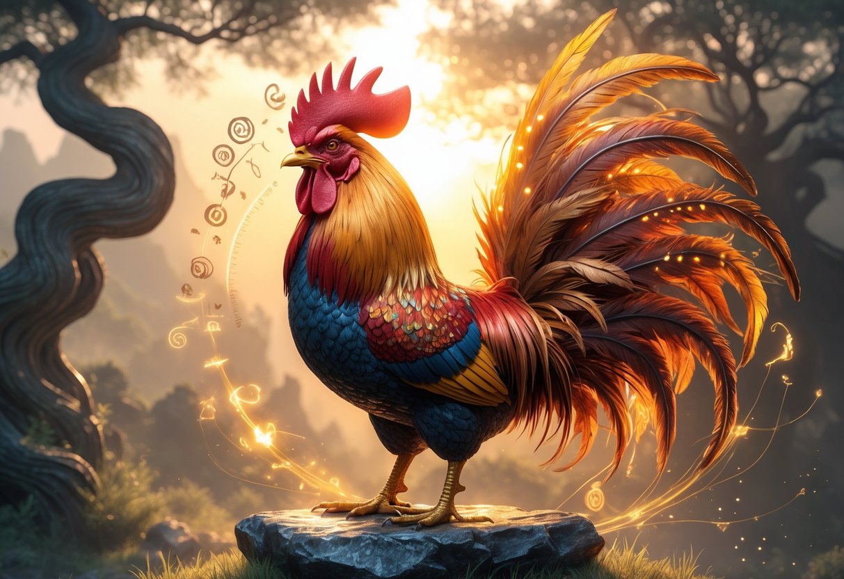 A glowing rooster standing on a rocky pedestal surrounded by mystical light and ancient symbols, with sunlight breaking through mist and trees in the background.