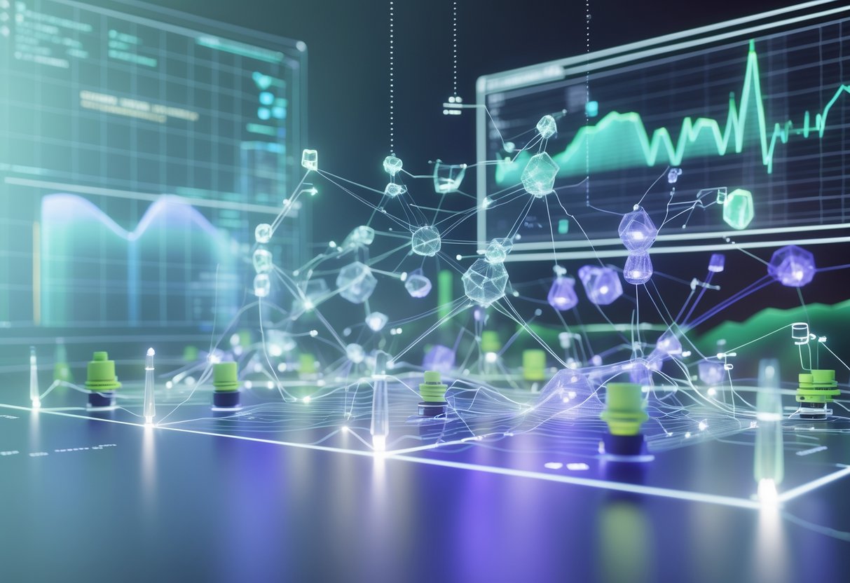 A 3D scene showing interconnected glowing nodes and flowing data streams in a digital network, with holographic charts displaying smooth curves and statistical patterns.