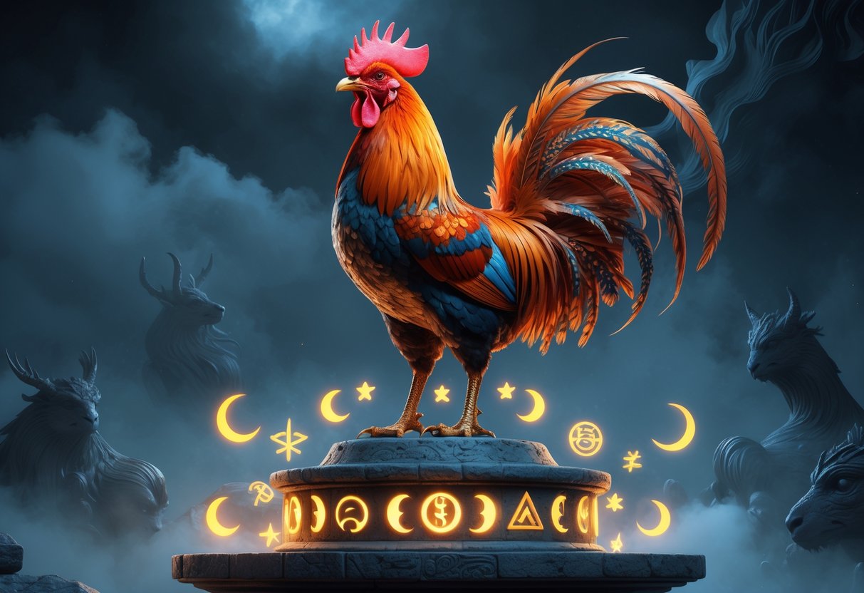 A colourful rooster standing on an ancient stone pedestal surrounded by glowing mystical symbols and a misty, magical landscape.