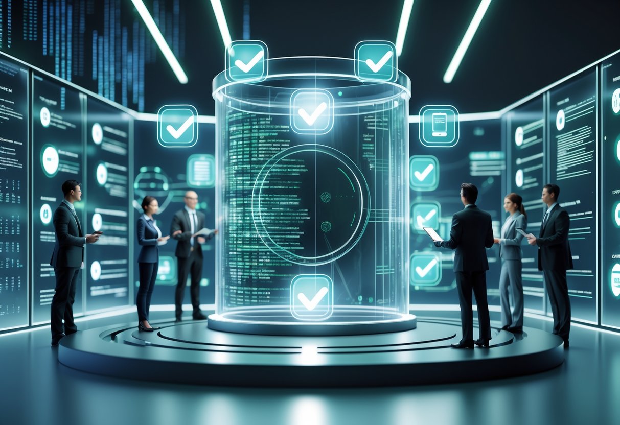 A futuristic data centre with professionals interacting with holographic screens showing statistical data and security symbols, highlighting data protection and ethical compliance.