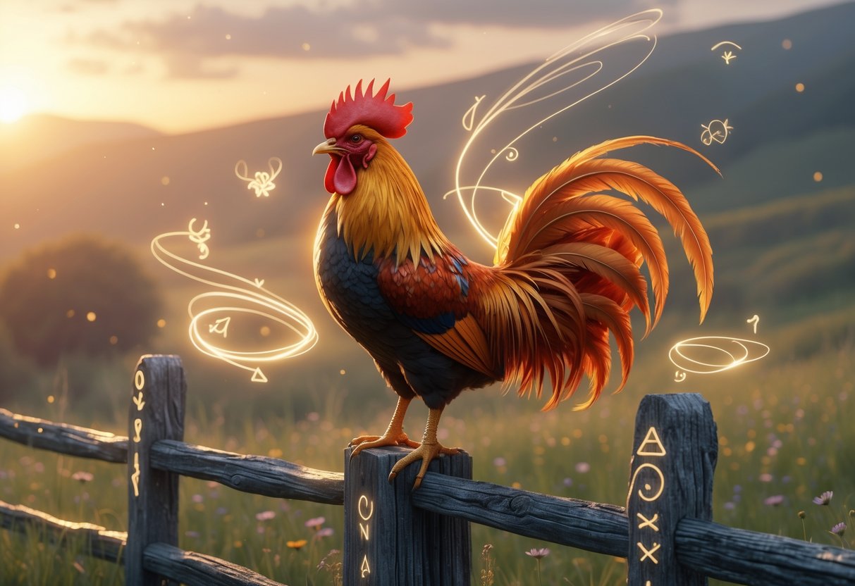 A colourful rooster standing on a wooden fence post at sunrise with glowing symbols and faint mystical lights around it in a countryside setting.
