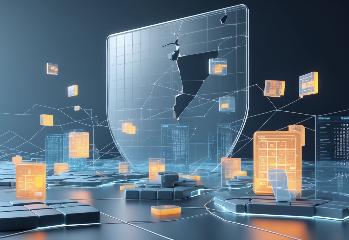 A 3D scene showing interconnected translucent data blocks and floating numbers, some cracked or fragmented, with a large cracked shield in the background, symbolising challenges in preserving statistical data.