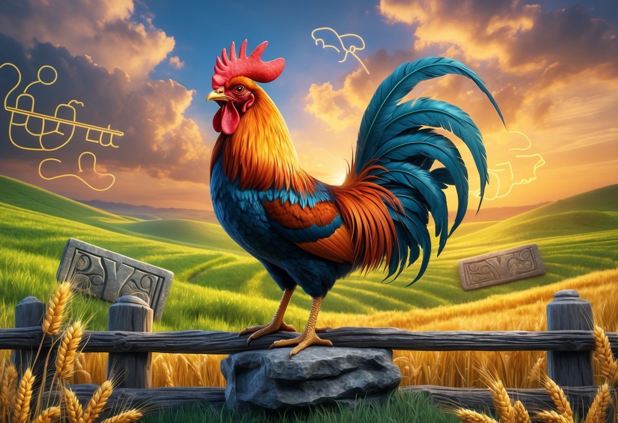 A rooster standing on a wooden fence in a green field with wheat, farm tools, and glowing ancient symbols in the sky.