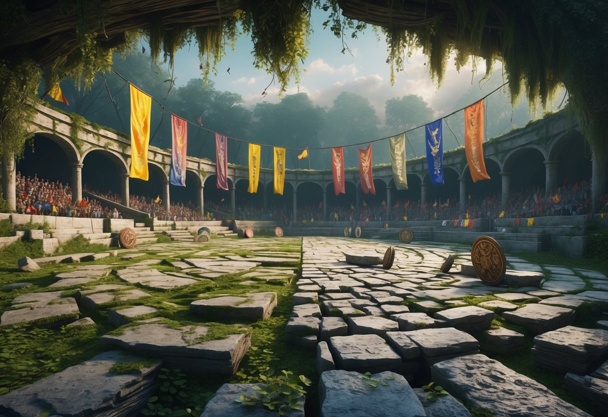 A 3D scene showing a lively tournament arena with crowds and trophies next to an abandoned, overgrown ruined arena with broken seats and old weapons.