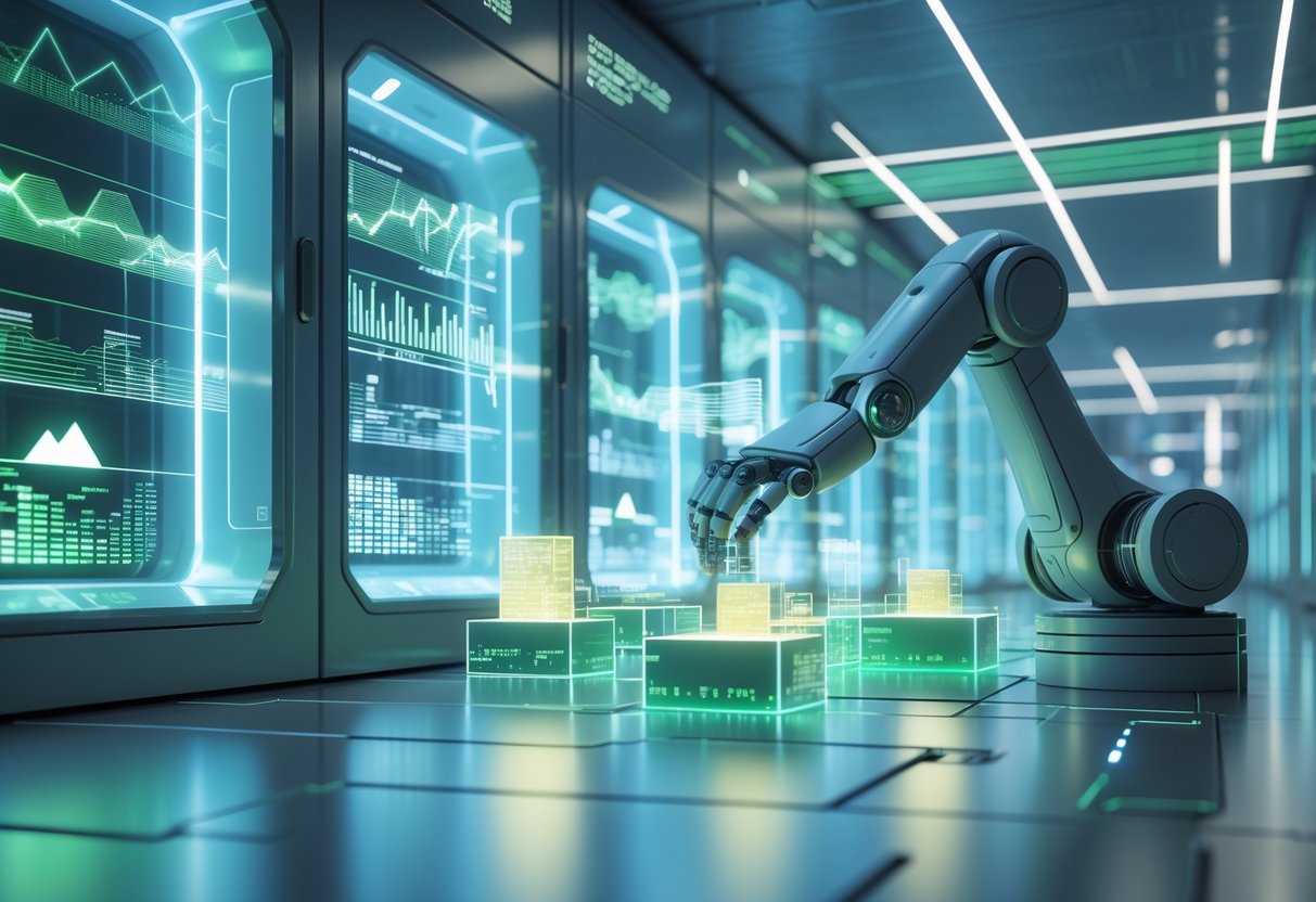 A futuristic data archive room with glowing digital storage units and holographic statistical data floating in the air, with a robotic arm arranging data blocks and interconnected data nodes in the background.