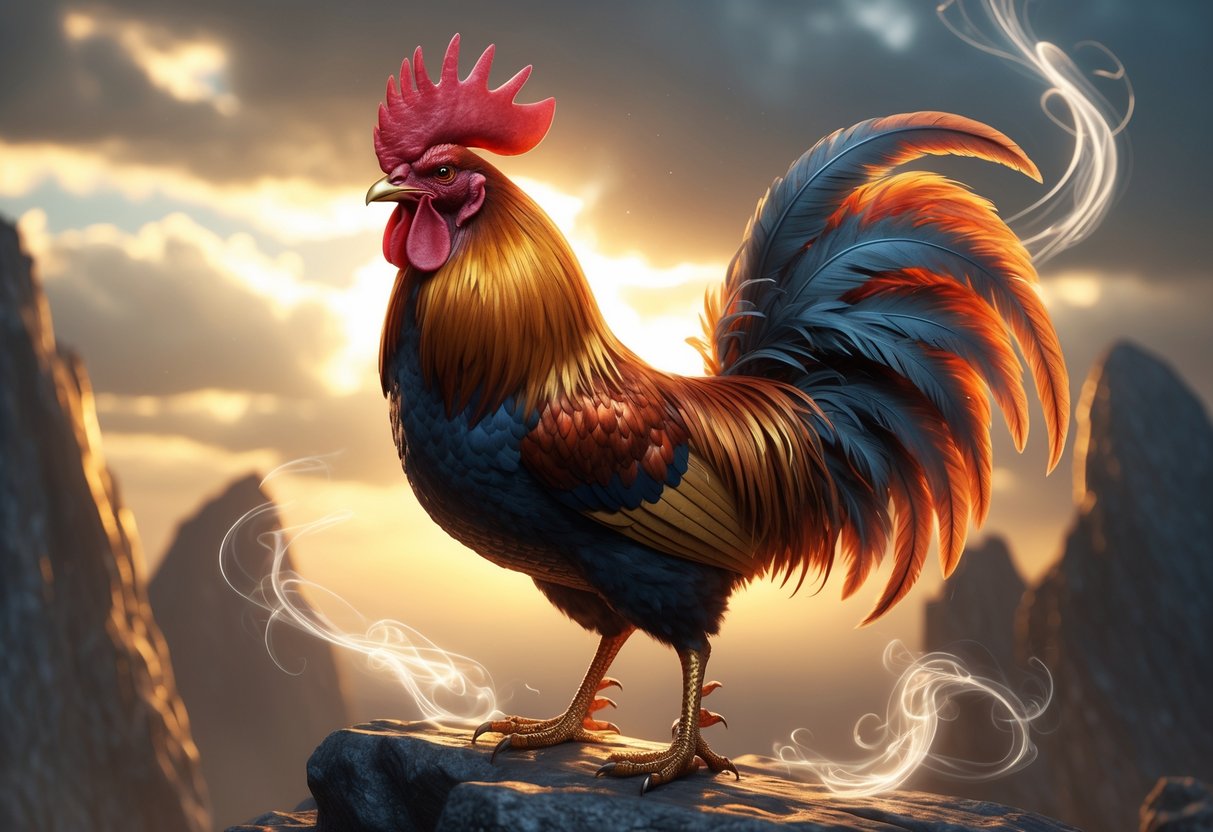 A proud rooster standing on a rocky hill at dawn, surrounded by glowing runes and swirling mist, with a dramatic sky in the background.