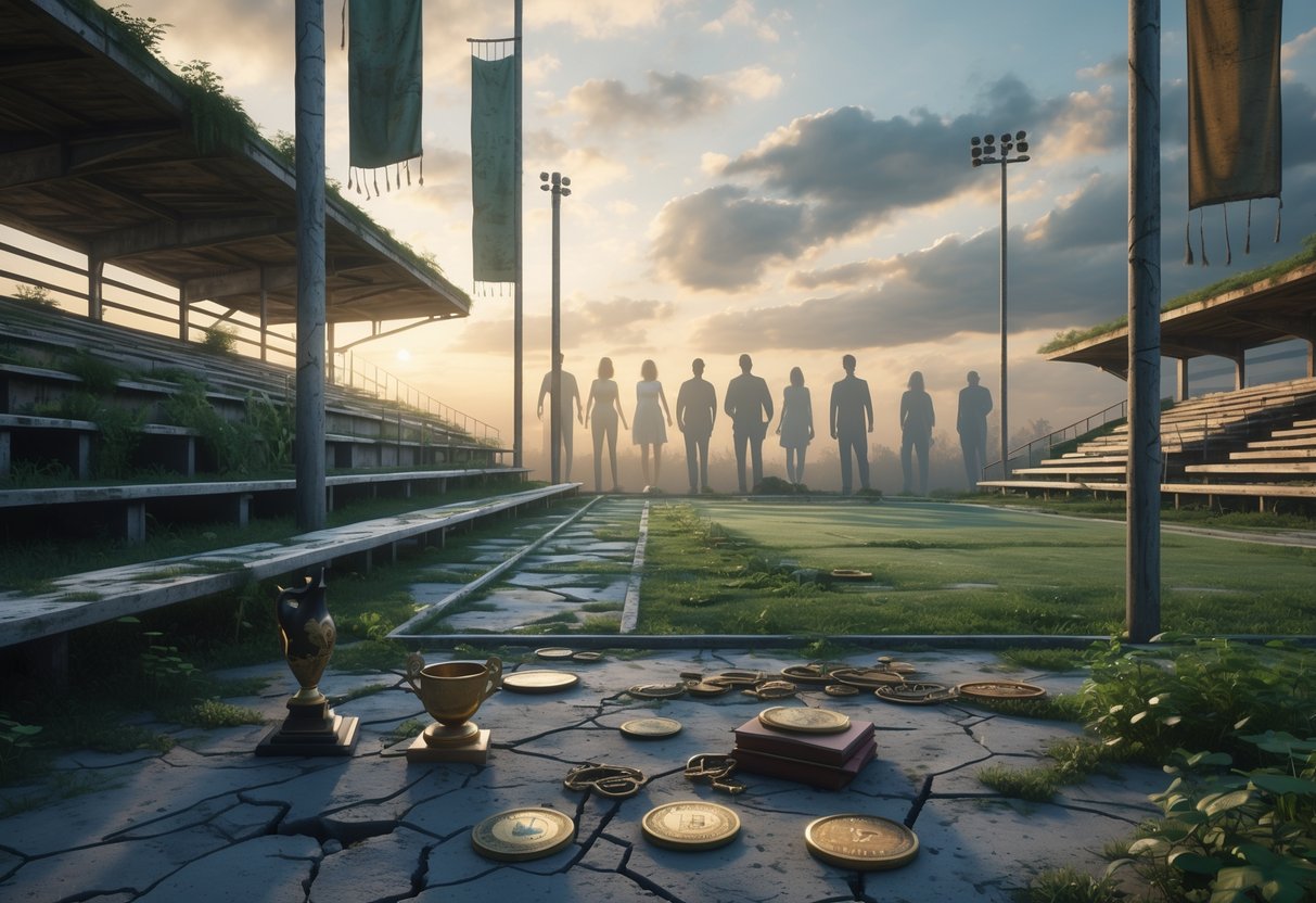 An abandoned, overgrown sports stadium with cracked field and old trophies, surrounded by faint ghostly figures representing diverse cultures and people.