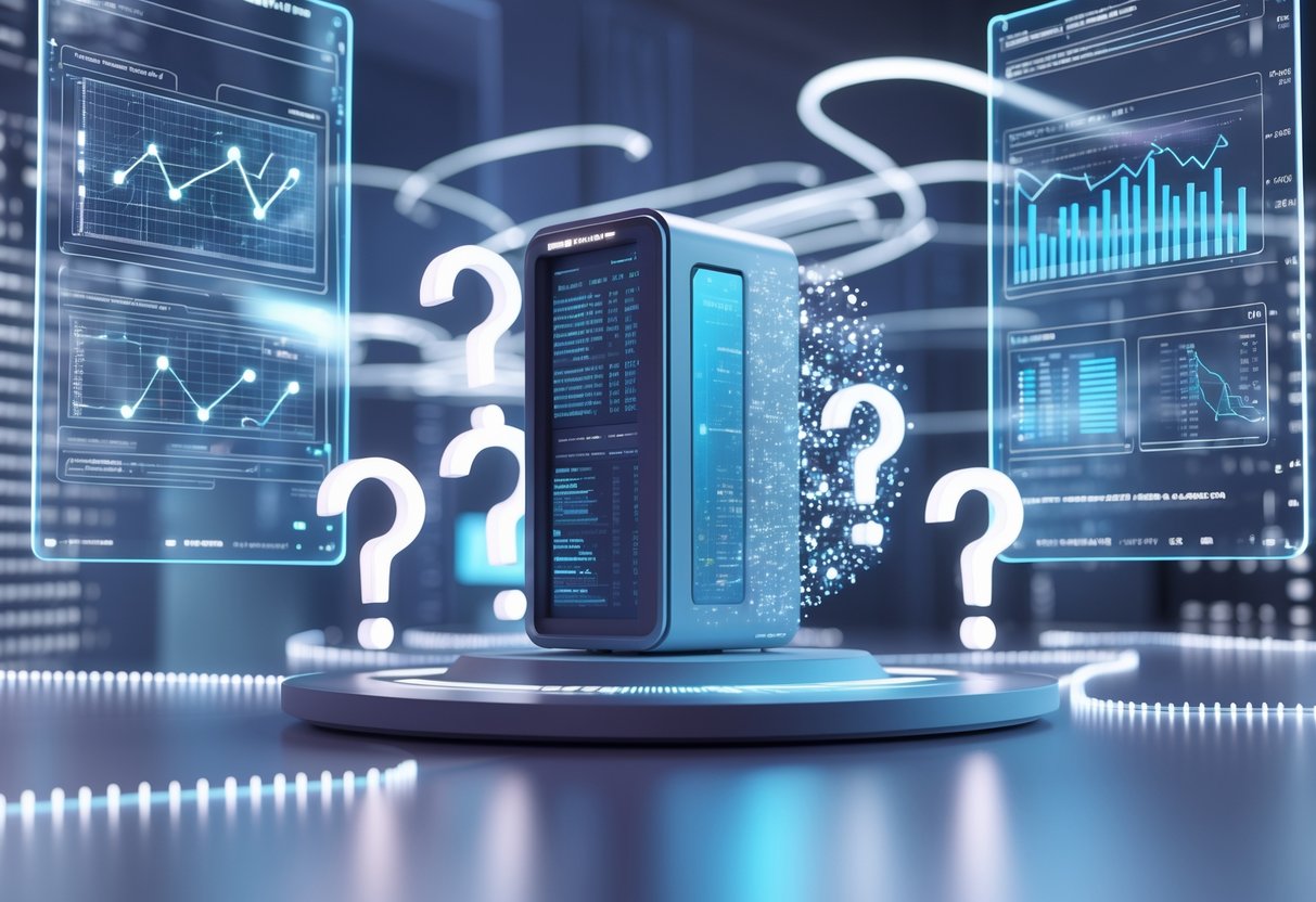 A 3D scene showing holographic data charts and glowing question mark icons around a modern server tower in a digital archive room.