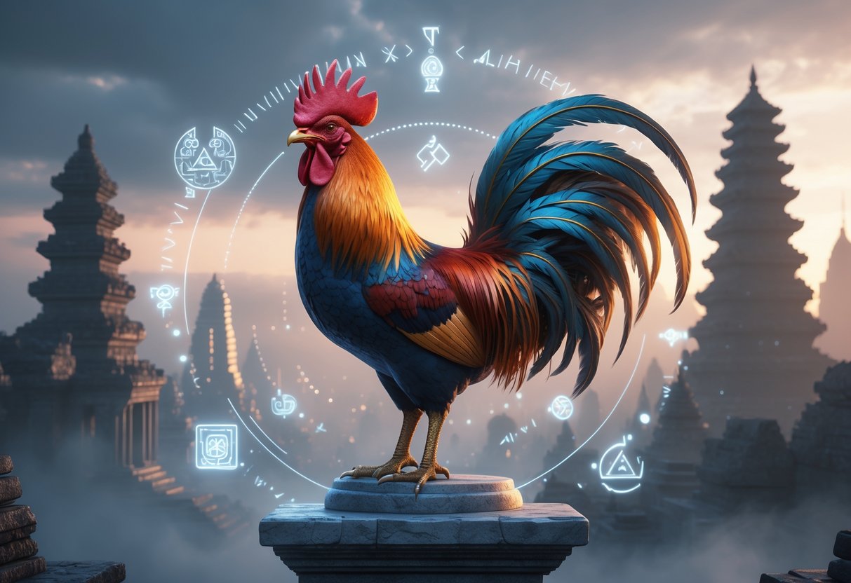 A proud rooster stands on a stone pedestal surrounded by glowing symbols and floating holograms, with a misty cityscape combining ancient temples and modern buildings in the background.