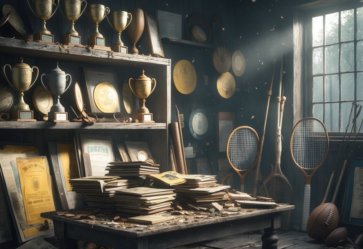 A dusty room filled with old trophies, medals, posters, and vintage sports equipment from forgotten tournaments.
