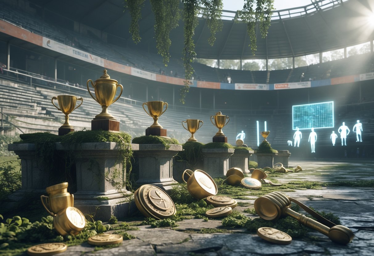 A weathered sports arena with old trophies and modern holograms of athletes and fans, blending past and present in a scene of revival and remembrance.