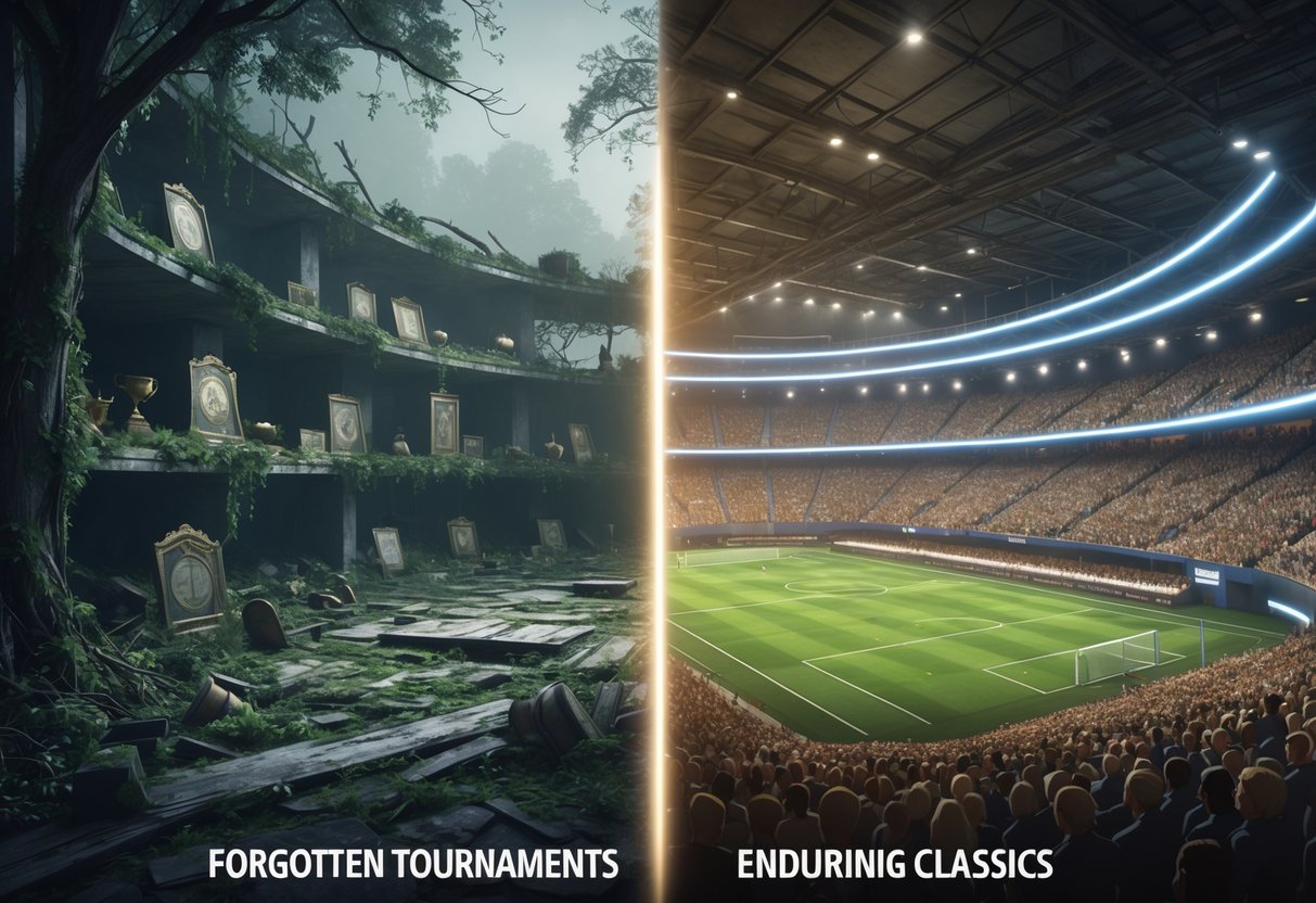 A 3D scene showing a broken, overgrown old tournament arena on one side and a bright, lively modern stadium full of cheering people on the other side.
