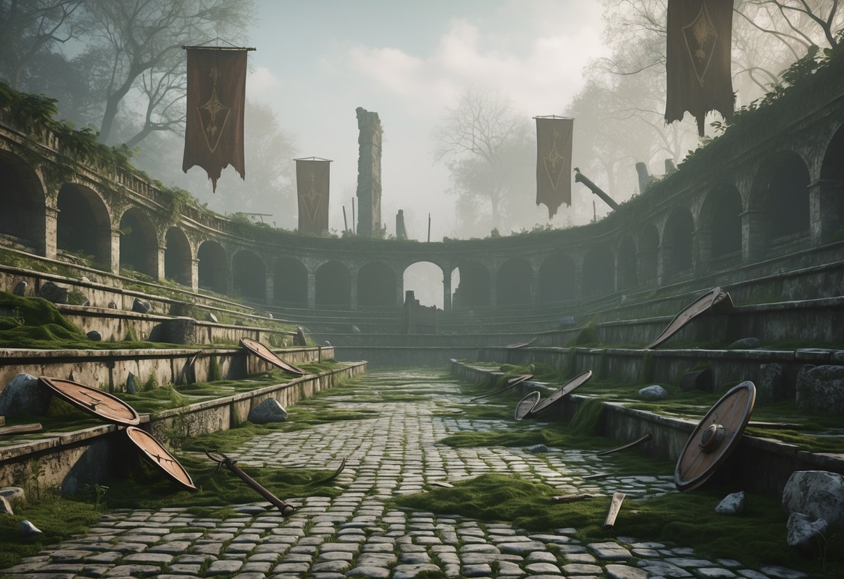 An abandoned ancient tournament arena with stone stands, overgrown plants, and scattered old weapons under soft sunlight.