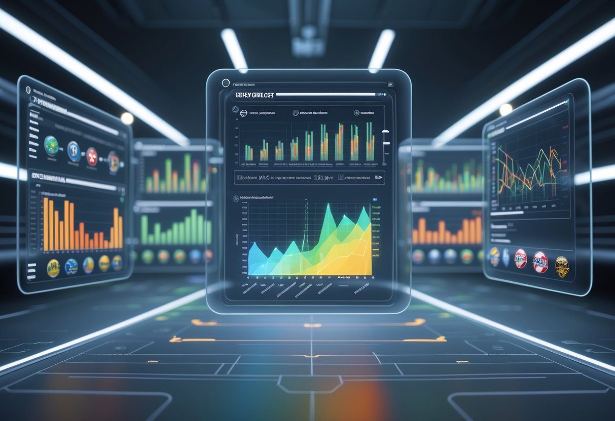 A futuristic digital dashboard showing floating holographic charts and graphs comparing dynasty sports teams, with 3D icons representing teams connected by lines in a dark control room.