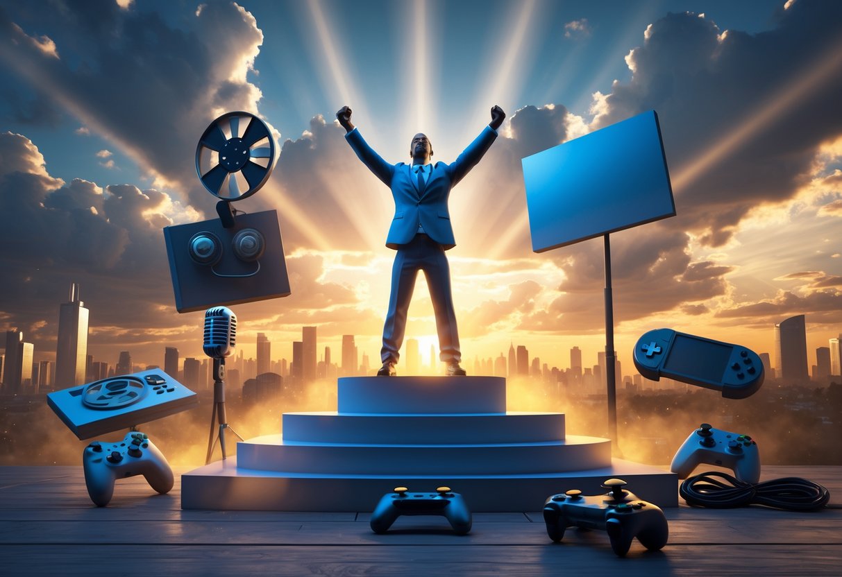 A person standing triumphantly on a podium surrounded by symbols of music, film, books, and video games, with sun rays breaking through clouds over a cityscape.