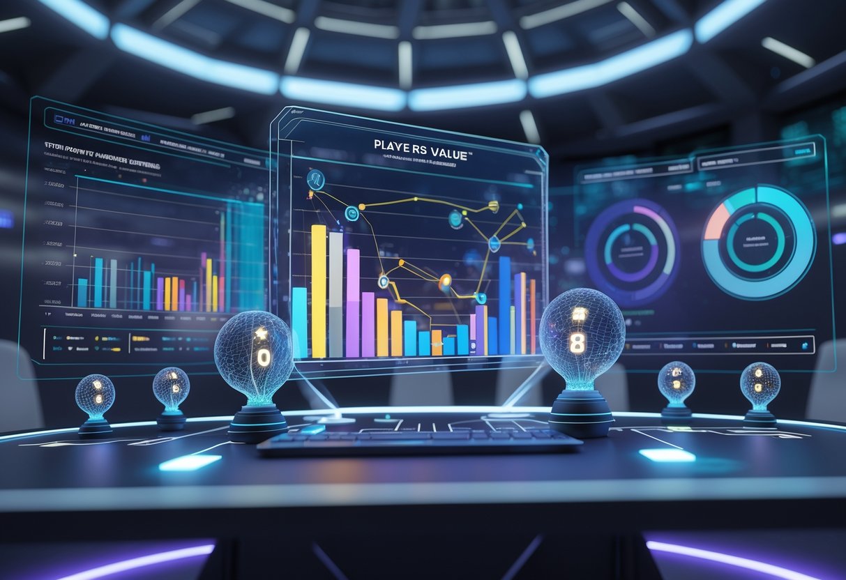 A 3D scene showing a futuristic dashboard with colourful charts and player avatars analysing sports team player values.