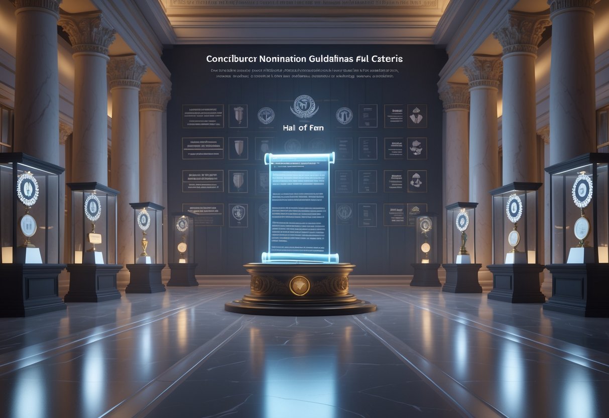 An elegant hall of fame interior with pillars, display cases holding trophies and medals, and a glowing holographic scroll on a pedestal symbolising nomination guidelines.