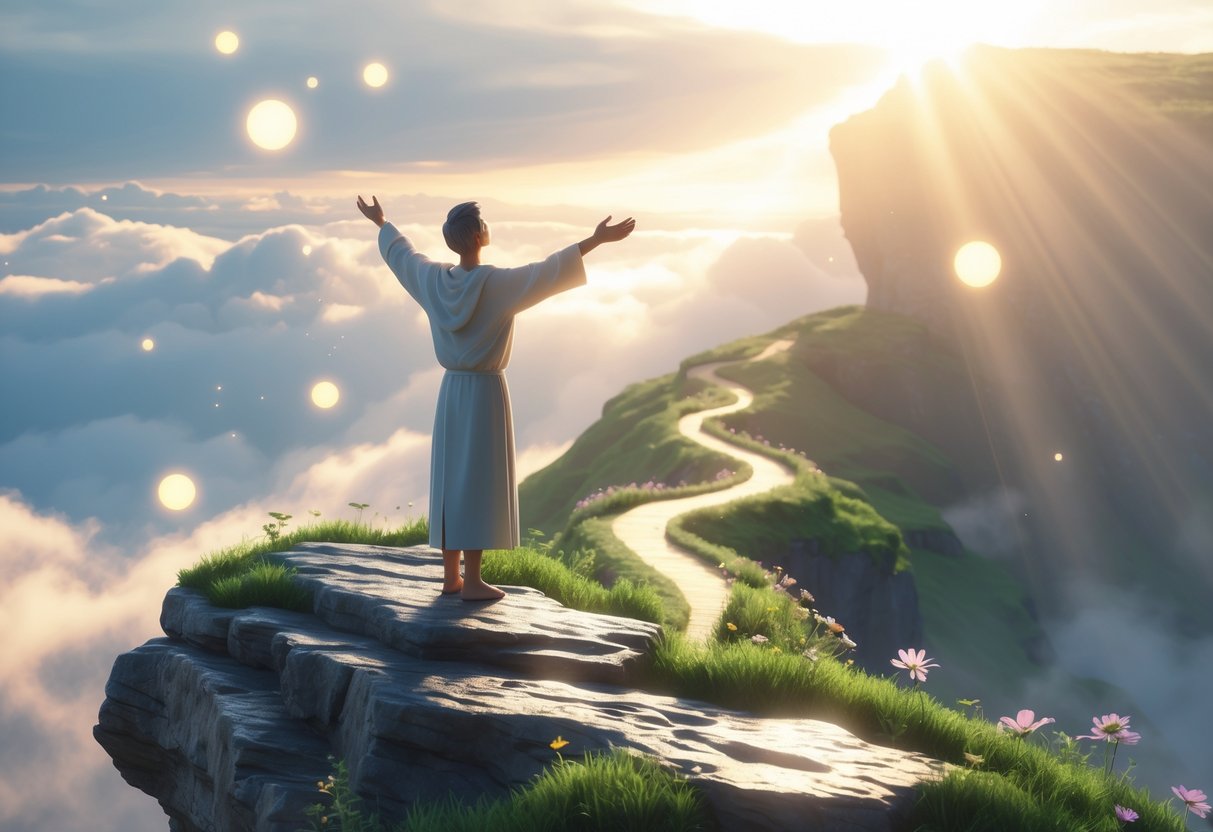 A person standing on a cliff at sunrise with arms outstretched towards the glowing sky, surrounded by light and nature, symbolising hope and spiritual renewal.