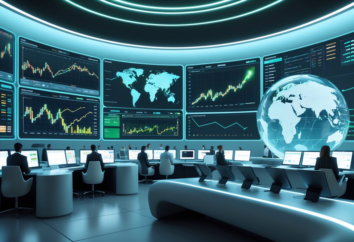 A futuristic command centre with analysts working at digital workstations surrounded by holographic screens showing global trade data and charts.