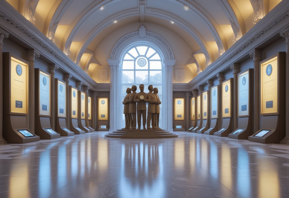 A grand hall with polished floors and tall ceilings displaying trophies and a central sculpture representing teamwork and collective success.