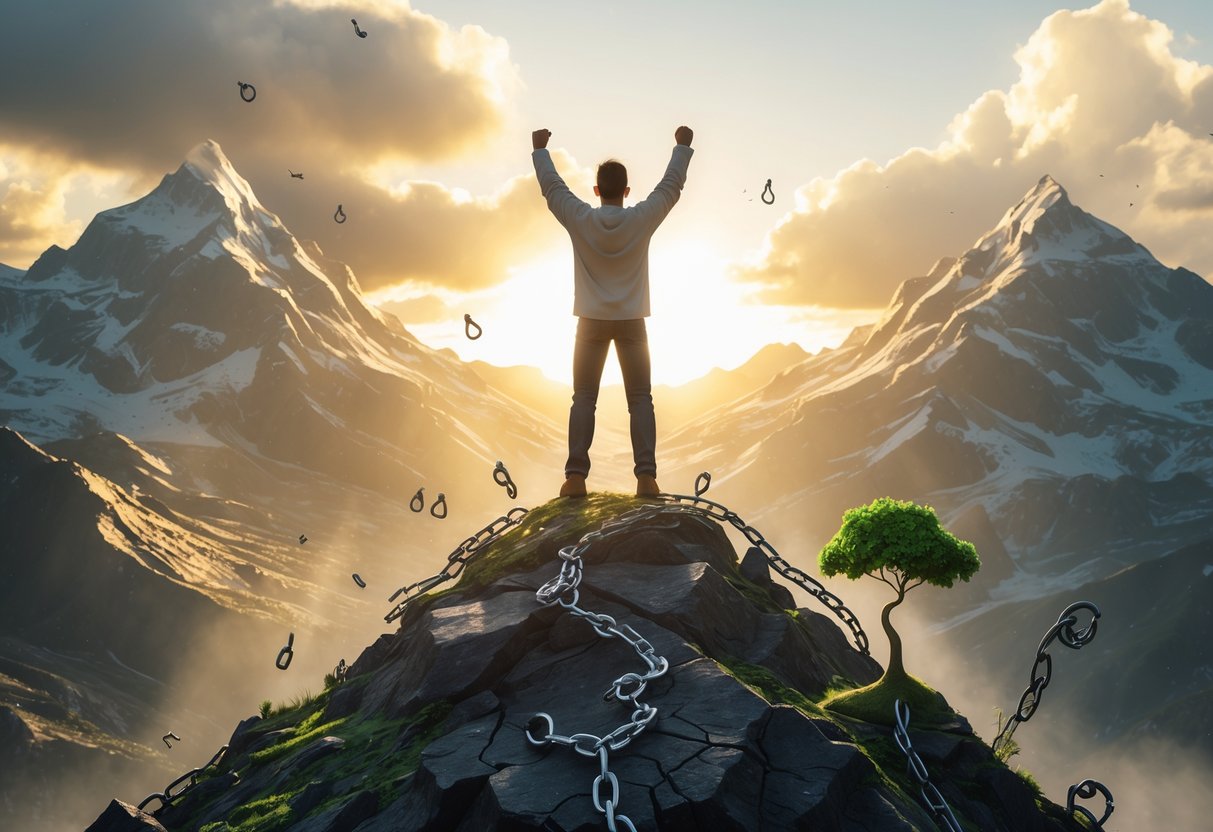 A person standing with arms raised on a mountain peak at sunrise, surrounded by a dark valley below and bright sky above, symbolising overcoming challenges and resilience.