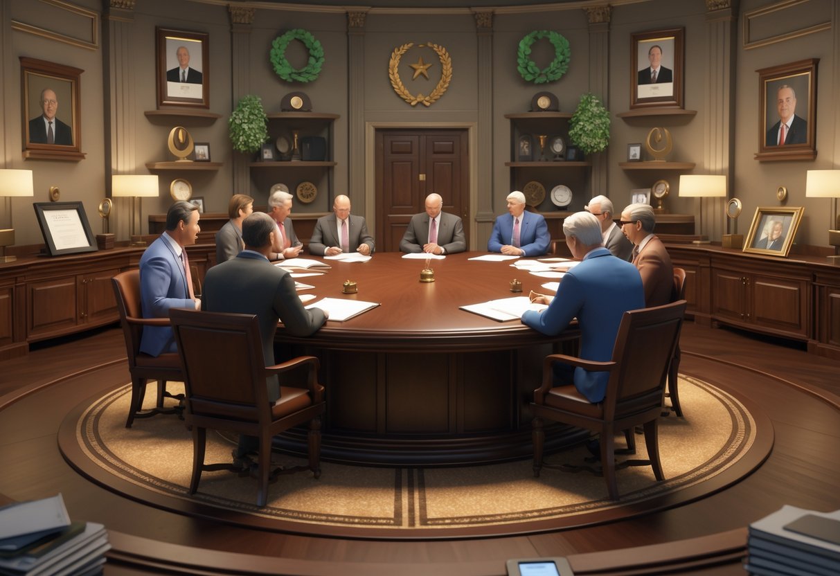 A group of people sitting around a large wooden table in an elegant room filled with portraits and trophies, discussing and reviewing documents.