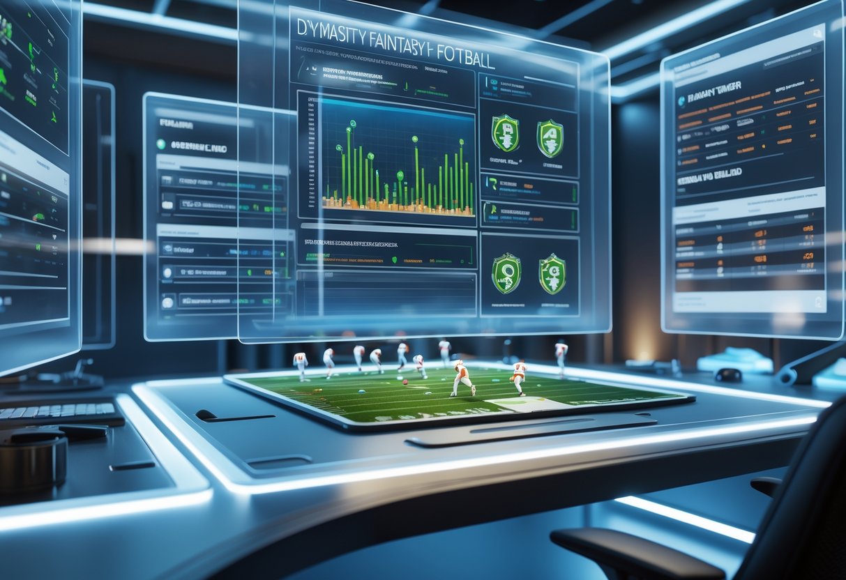 A futuristic workspace with holographic screens showing football player stats, draft picks, and team analysis around a modern desk.