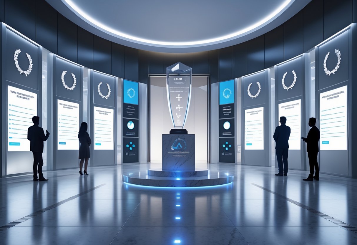 Interior of a bright hall of fame with digital kiosks, plaques, and a central trophy display, showing a nomination and application process theme.