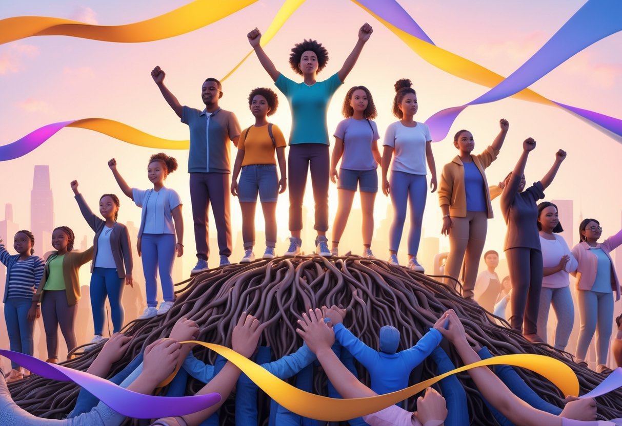 A diverse group of people standing together on a rising platform made of hands and roots, surrounded by flowing ribbons of light, symbolising unity and resilience in a community comeback.