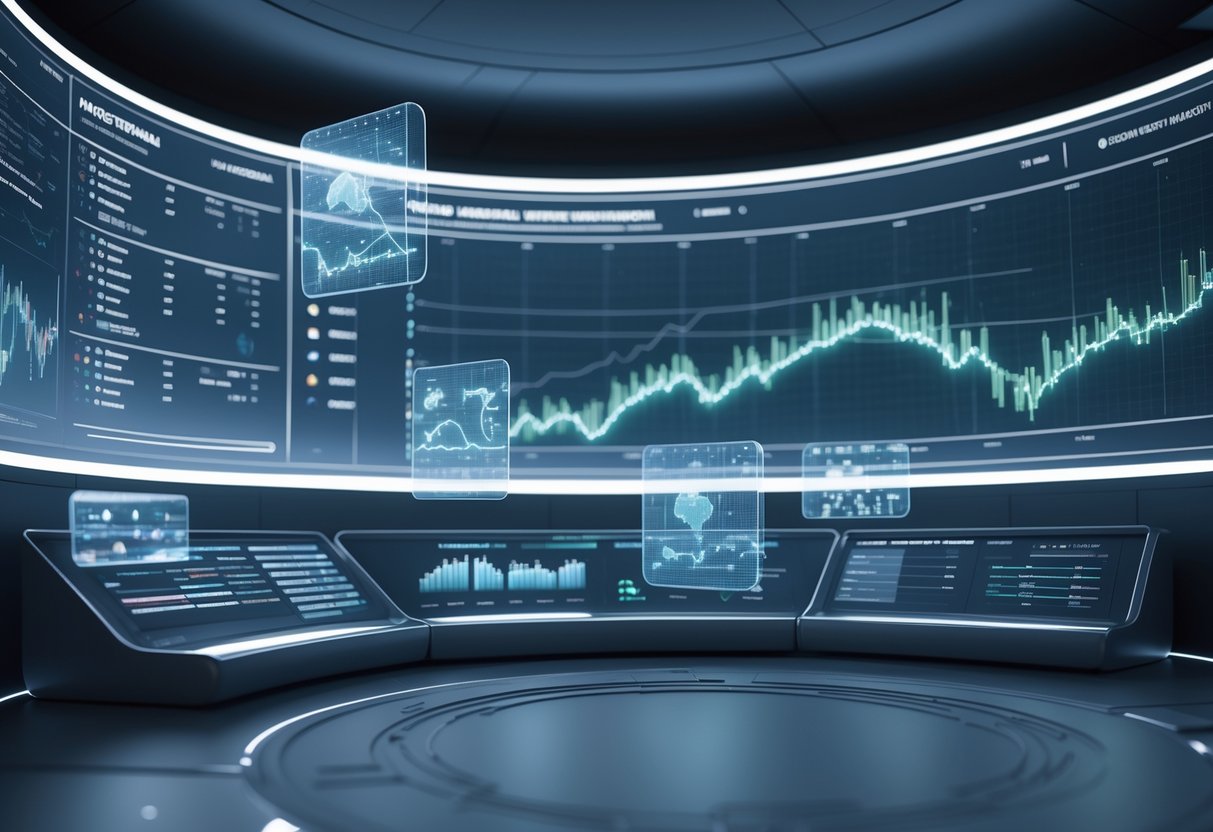 A futuristic sports management control room with holographic screens showing player statistics, team lineups, and trade networks.