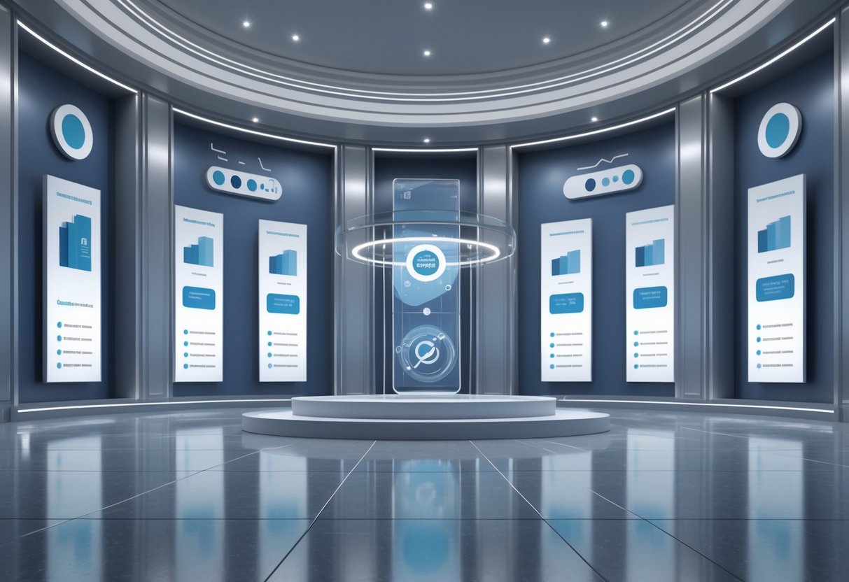 A spacious hall with polished floors and illuminated displays showing abstract symbols of voting and evaluation, centred around a circular podium with floating digital graphs.