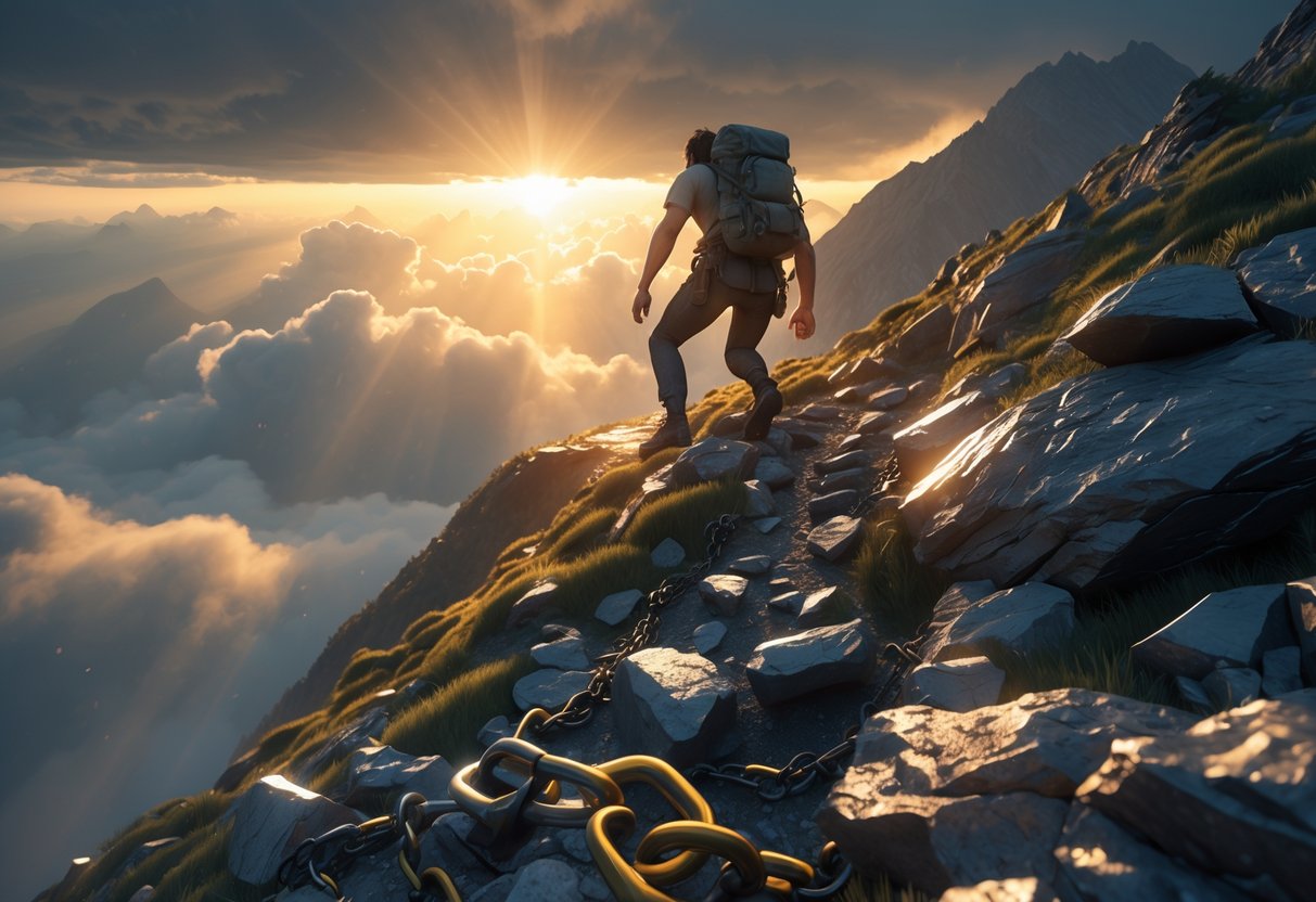 A person climbing a steep mountain path at dawn with storm clouds breaking to reveal sunlight, surrounded by broken chains and barriers symbolising challenges overcome.