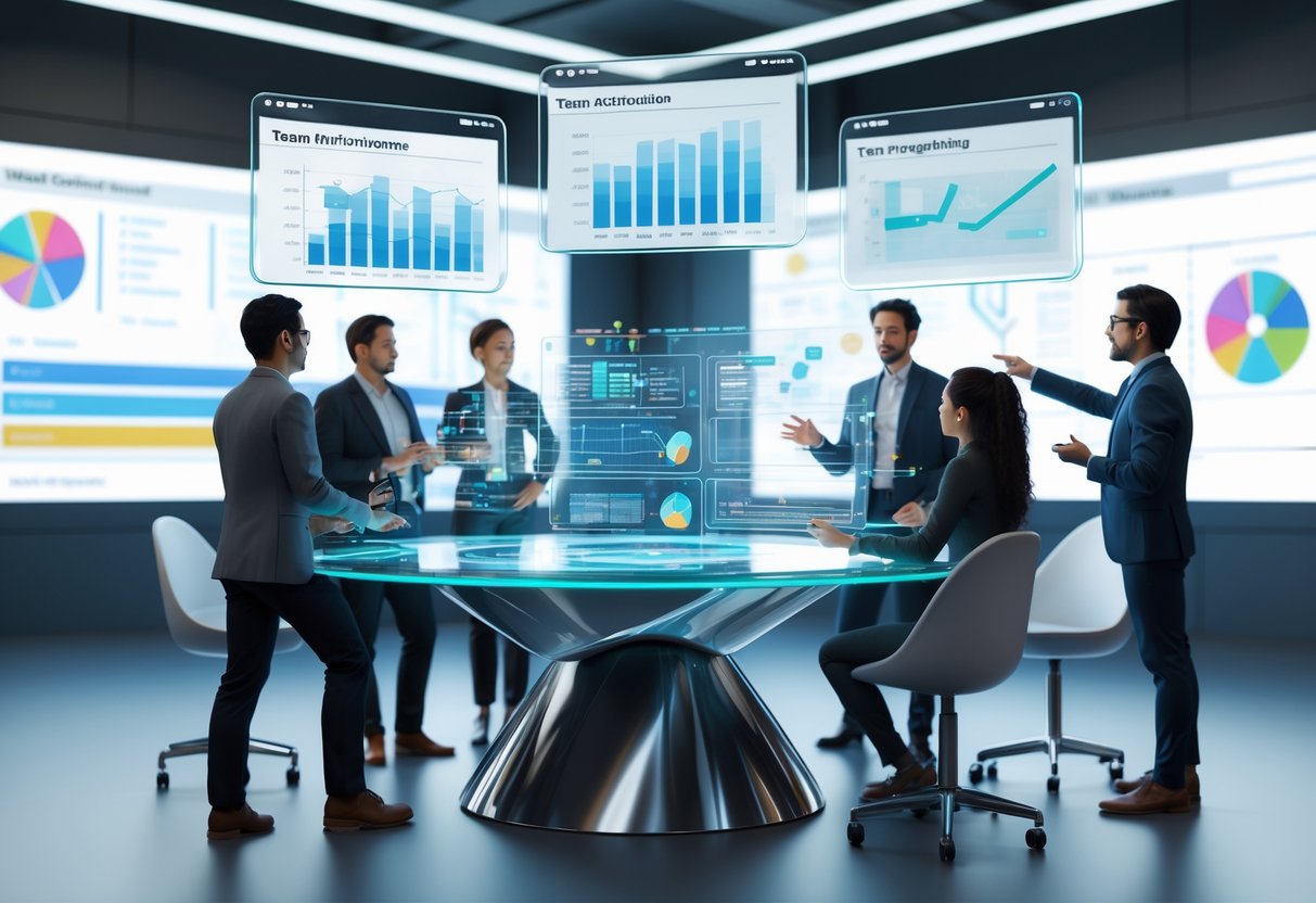 A 3D scene showing a team around a glass table with floating digital screens displaying charts and graphs, engaged in a collaborative discussion in a modern office.