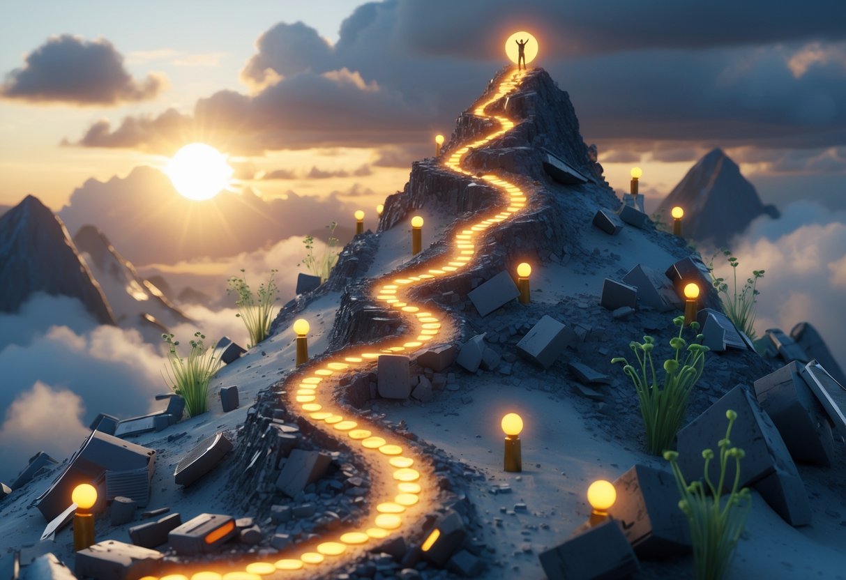 A person standing triumphantly near the top of a mountain path surrounded by symbols of past failures and signs of growth, with a bright sunrise breaking through clouds in the background.