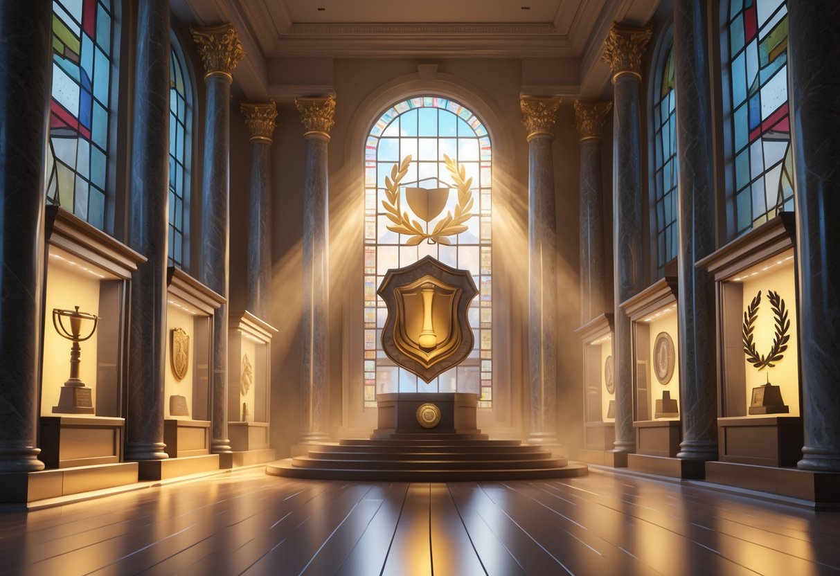 A grand hall with marble pillars and glass display cases showing symbols of honour, trust, and integrity, centred around a sculpted emblem on a pedestal, bathed in warm natural light.