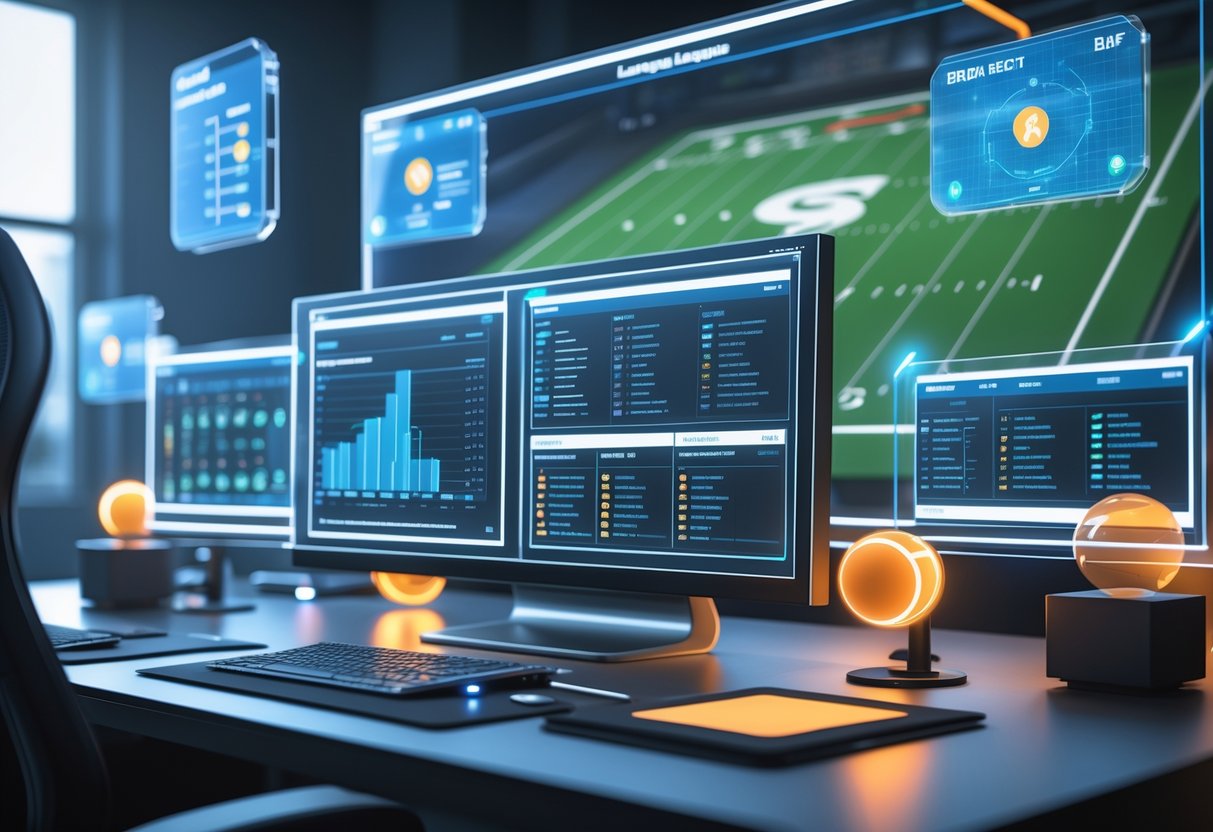 A futuristic workspace with holographic screens showing football player statistics and team formations in a high-tech environment.