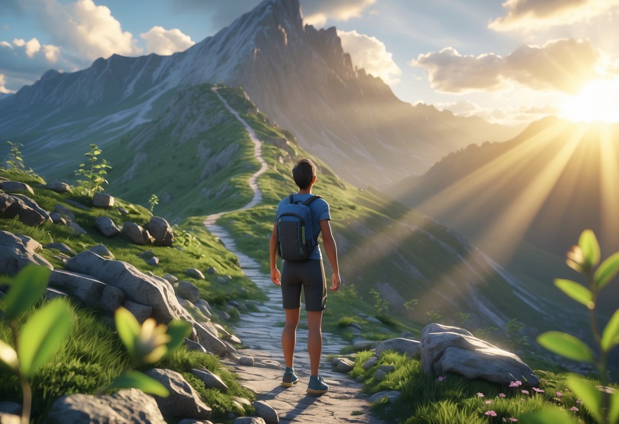 A person standing at the base of a mountain at sunrise, looking determinedly up a winding path surrounded by greenery and flowers.