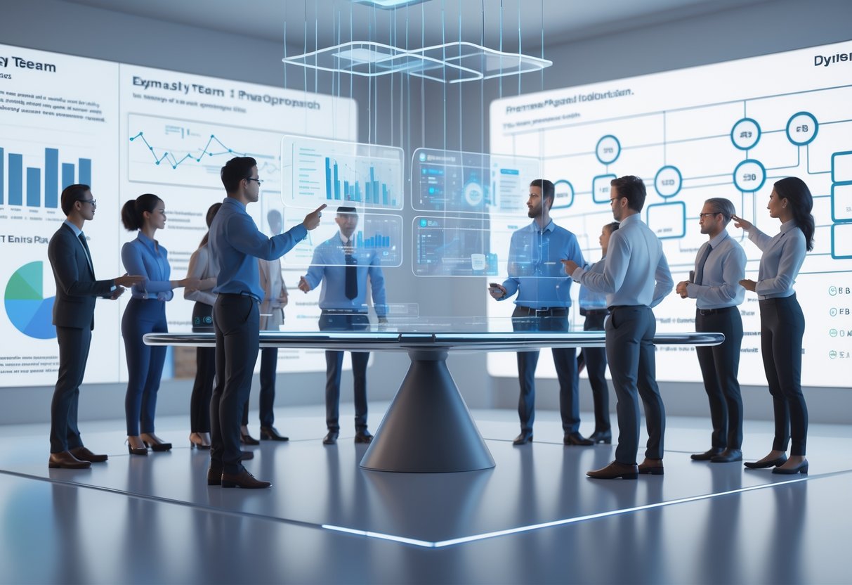 A group of people around a glass table with floating digital screens showing data and charts, discussing team analysis in a modern office.